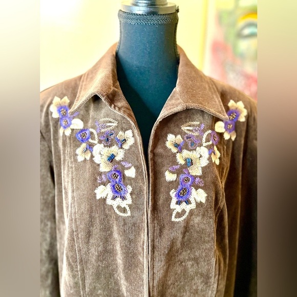 Vintage TanJay Brown embroidered beaded floral corduroy lined open front jacket - Picture 4 of 9